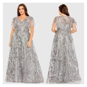 Mac Duggal #20469 #67908 Silver High Neck Flutter Sleeve Embellished Gown